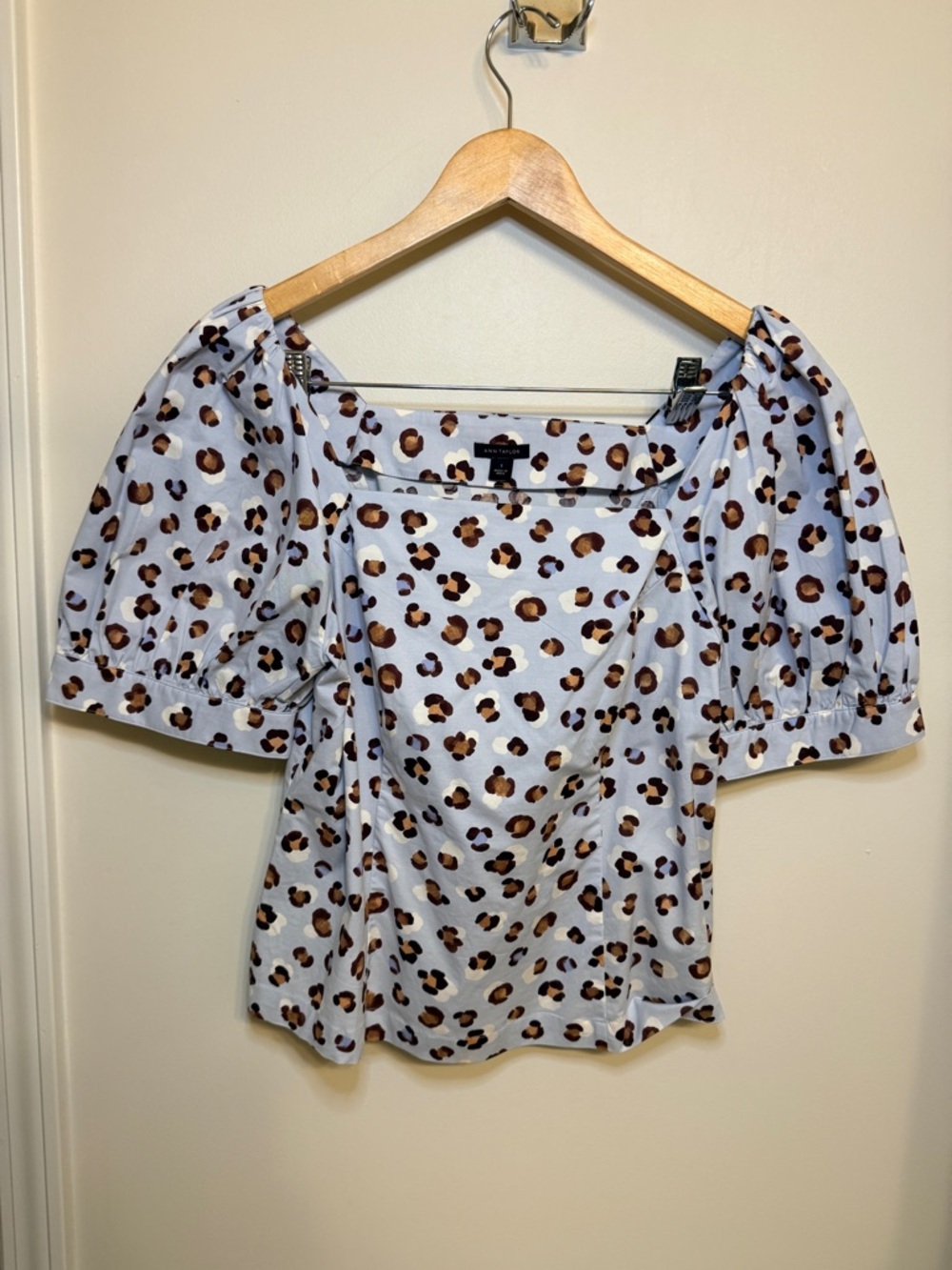 Ann Taylor Light Blue Leopard-Print Puff Sleeve Square Neck Top